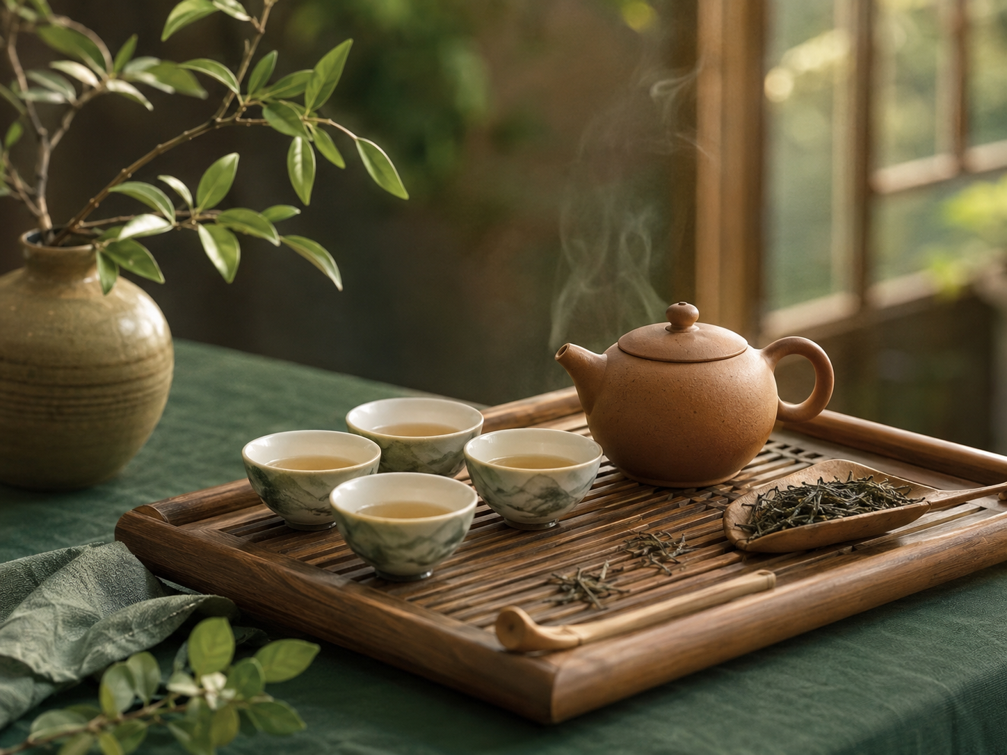 Traditional Chinese tea appreciation setting with a clay teapot, porcelain cups and tea leaves