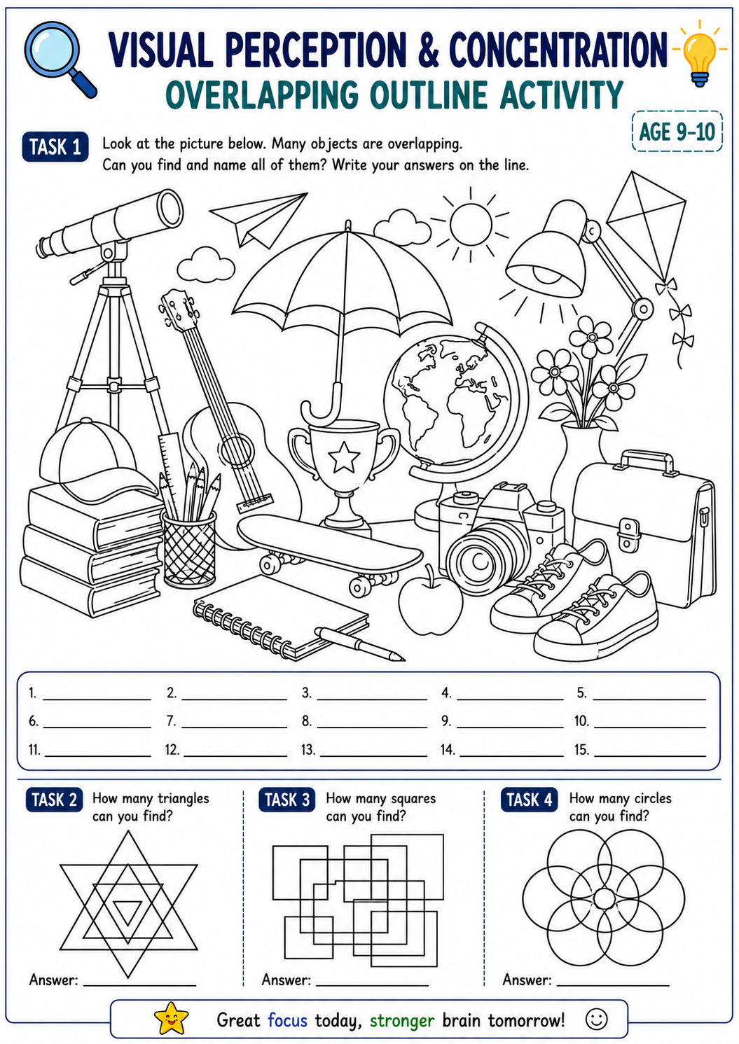 Preview of the Visual Perception and Concentration overlapping outline worksheet for ages 9 to 10